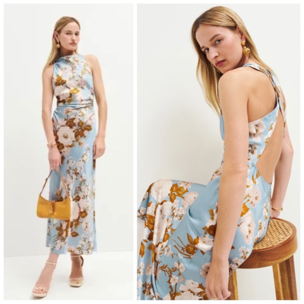 Reformation Casette Silk Dress Serene Blue Floral Blue Gold Size 4